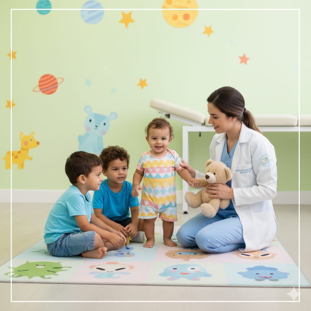 Irmãos sendo diagnosticados por uma doutora especialista em pediatria