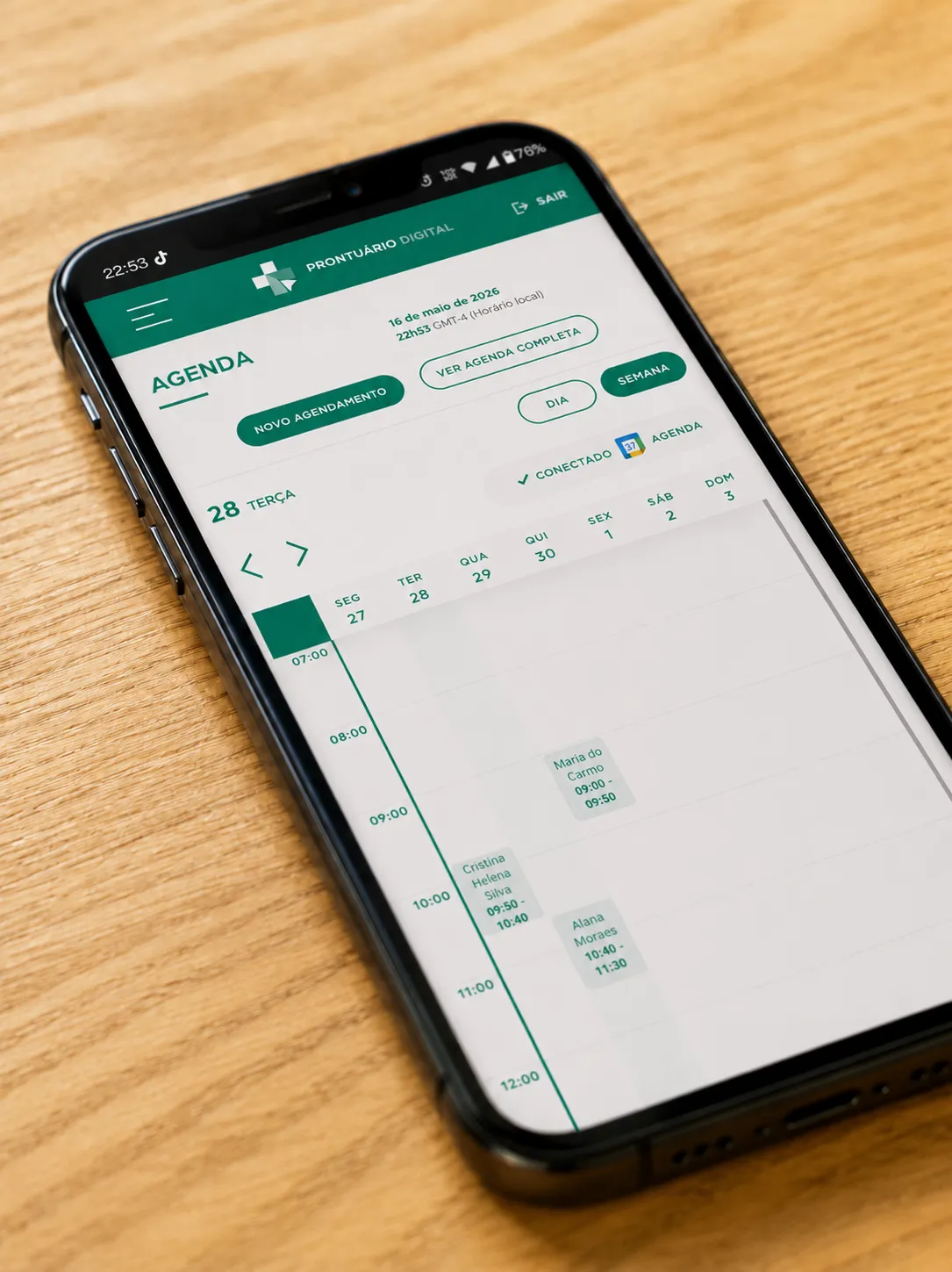 Tela de agenda do Prontuário Digital MedGuias